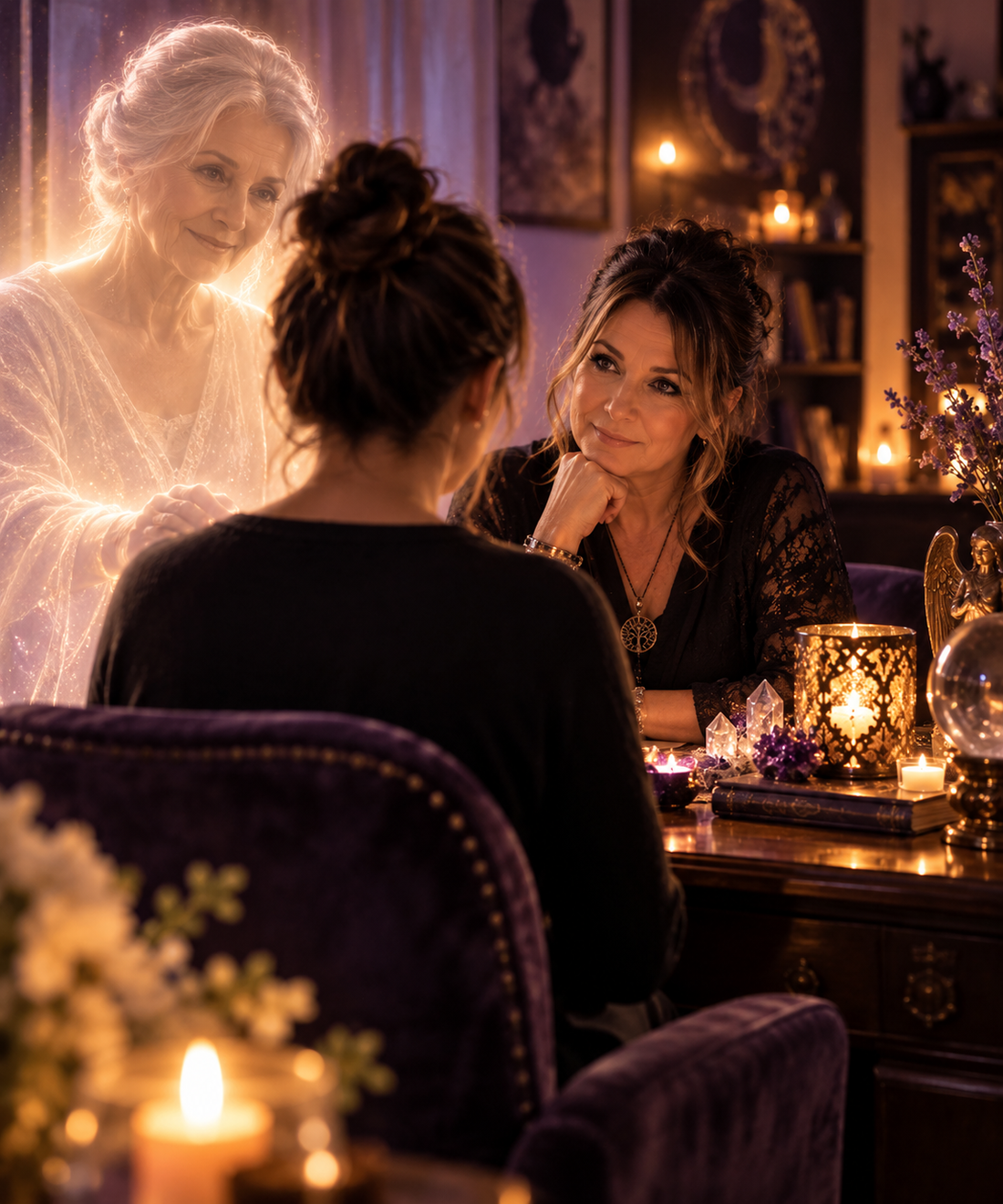La femme derrière Helena séance avec une médium
