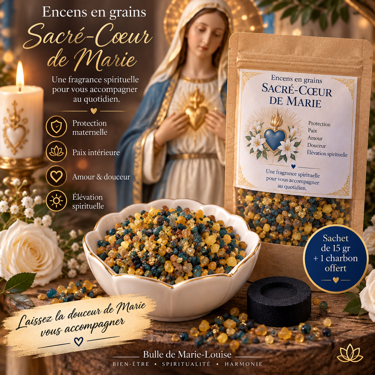 Encens en grains Sacré-Cœur de Marie – 15 g + 1 charbon
